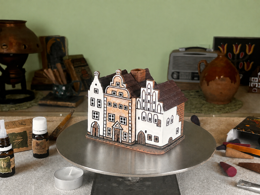 White gabled Townhouses - Ceramic Aroma Oil Burner and Tea Light Holder (A51)
