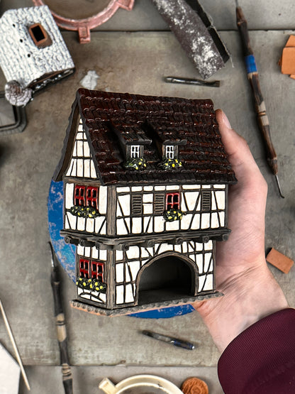 White Half Timbered House - Ceramic Aroma Oil Burner and Tea Light Holder (A125)