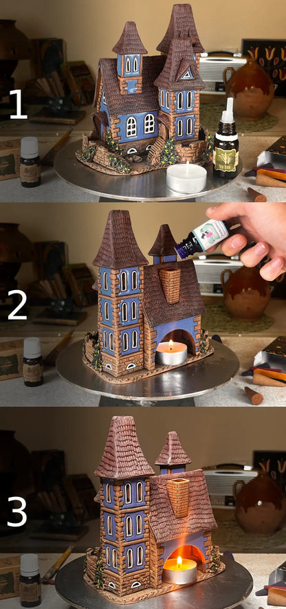Red Brick Castle House - Ceramic Aroma Oil Burner and Tea Light Holder (A122)