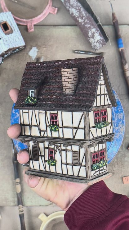 White Half Timbered House - Ceramic Aroma Oil Burner and Tea Light Holder (A125)