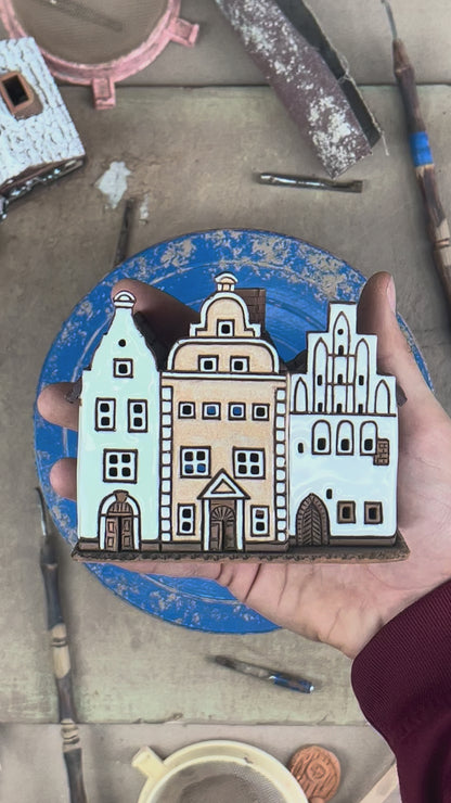 White gabled Townhouses - Ceramic Aroma Oil Burner and Tea Light Holder (A51)